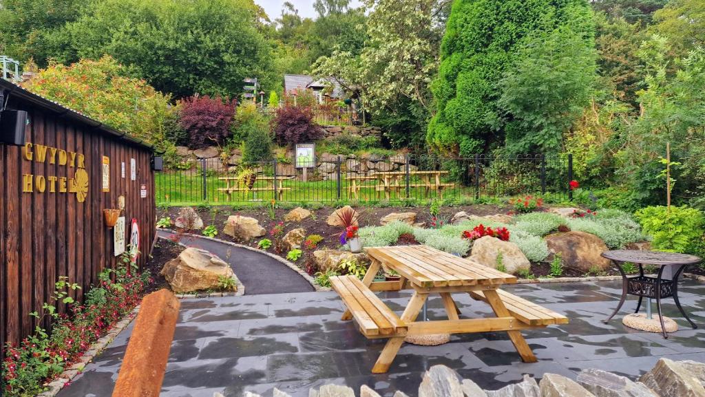 Y Gwydyr Hotel beer garden with picnic bench, rockery, and lush greenery